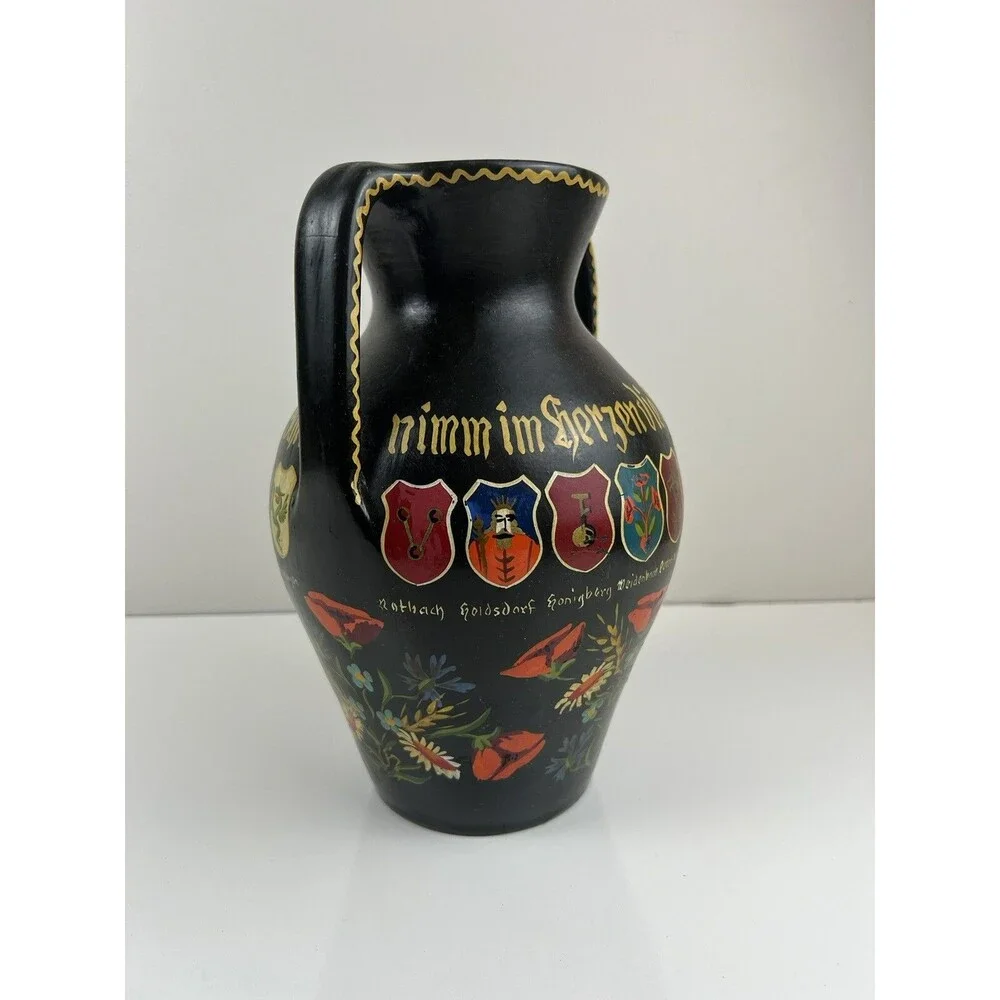 Vintage Double Handled Black Pottery Vase Made In Germany Handpainted Vase